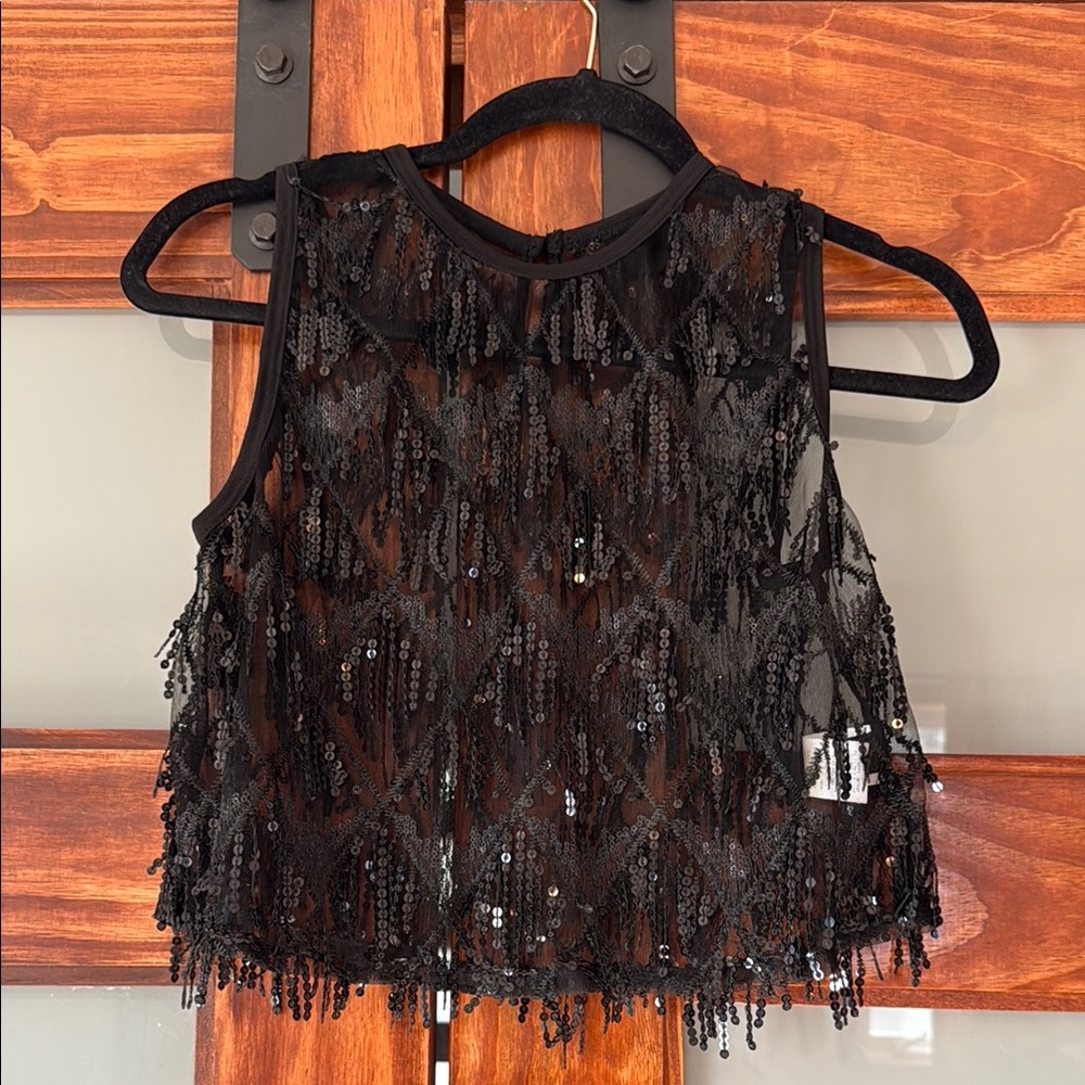 Black Sequin Fringe Sleeveless Top